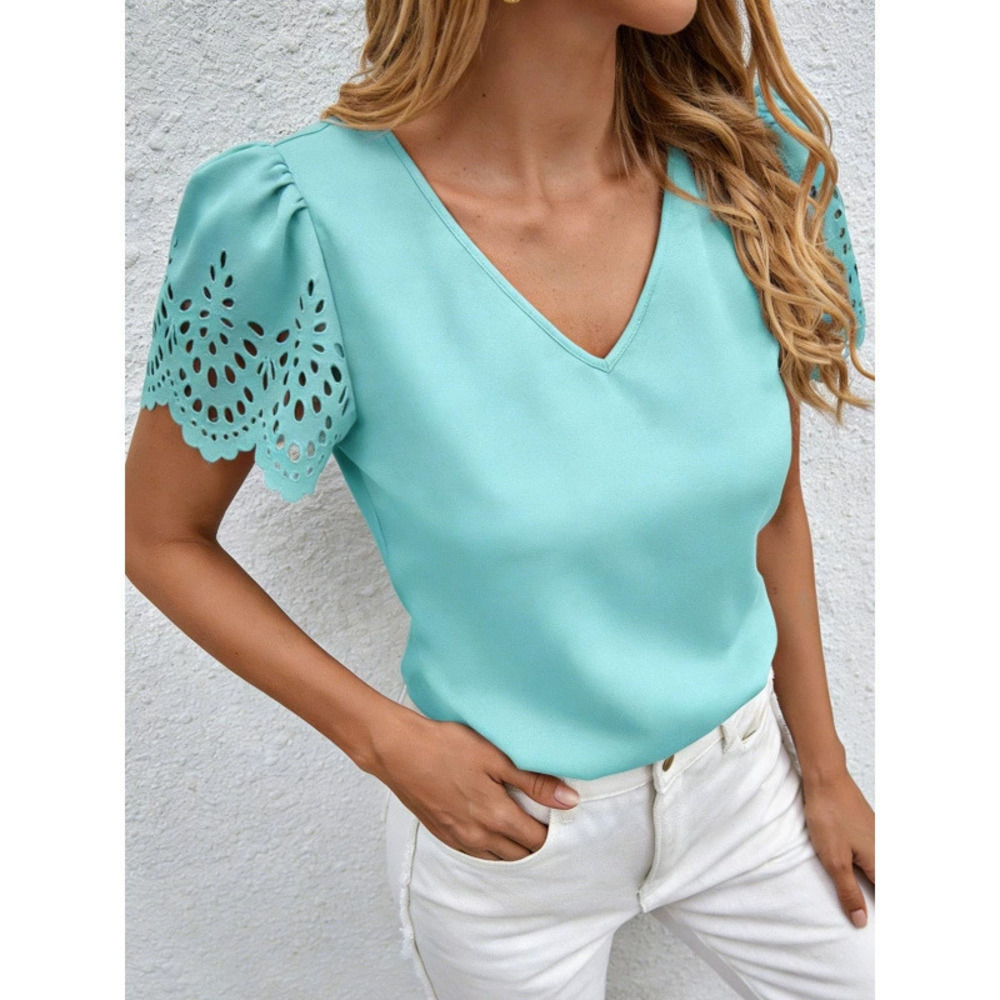 ZARA Hot Selling Summer Womens V Neck Lace Sleeve Patchwork Short Sleeve Tee